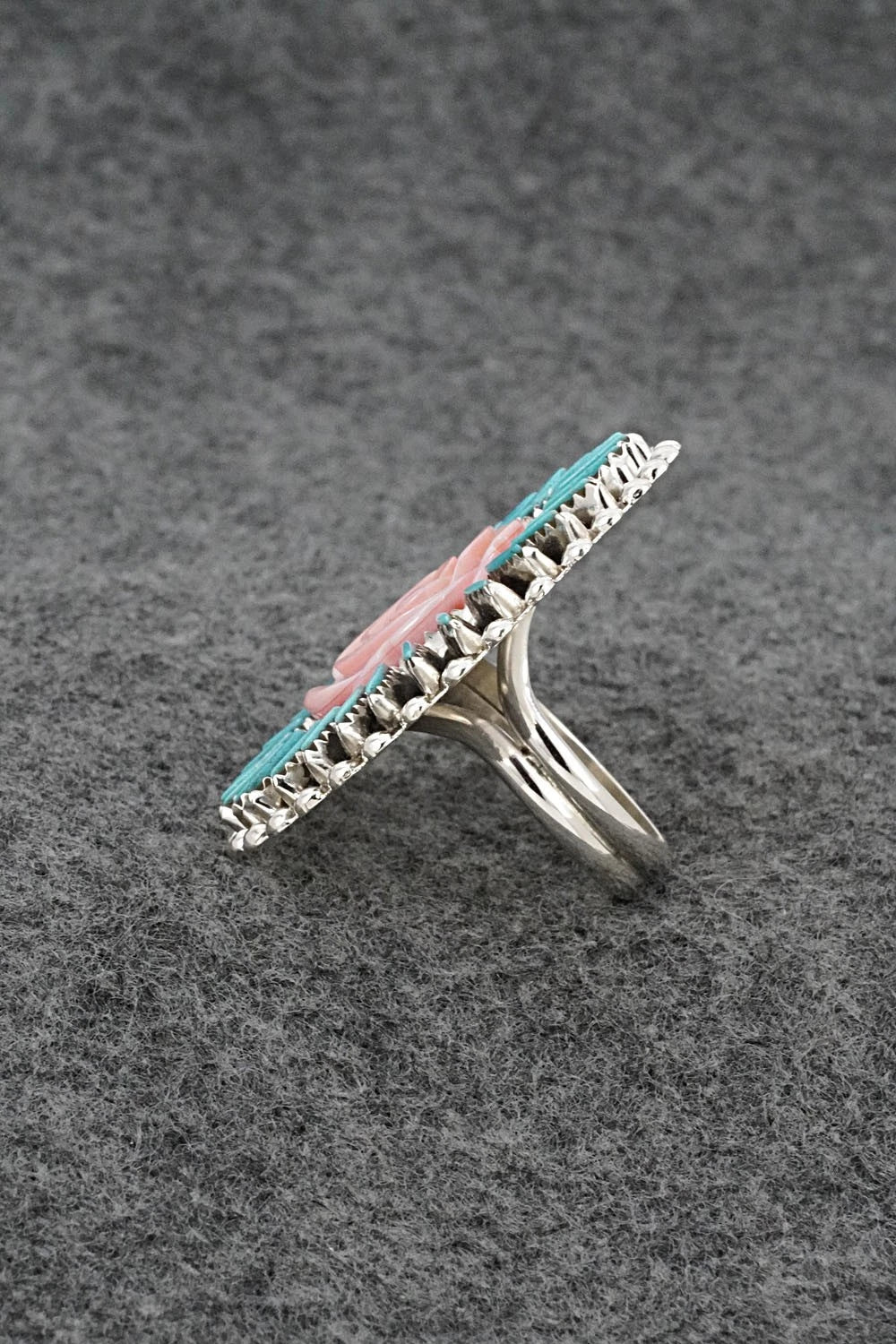 Turquoise, Pink Conch & Sterling Silver Ring - Roland Francisco - Size Adj.