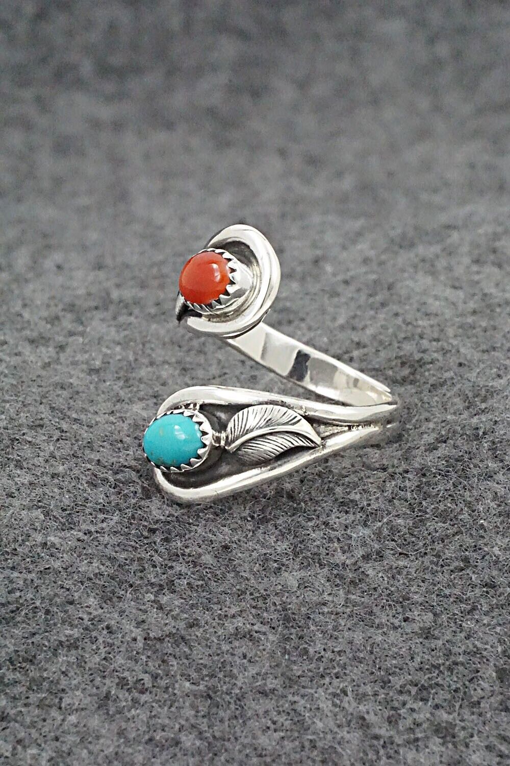 Turquoise, Coral & Sterling Silver Ring - Angela Platero - Size 10