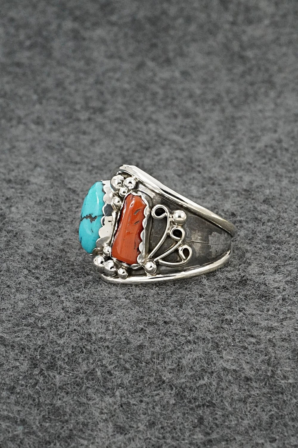 Turquoise, Coral & Sterling Silver Ring - Darrell Morgan - Size 14