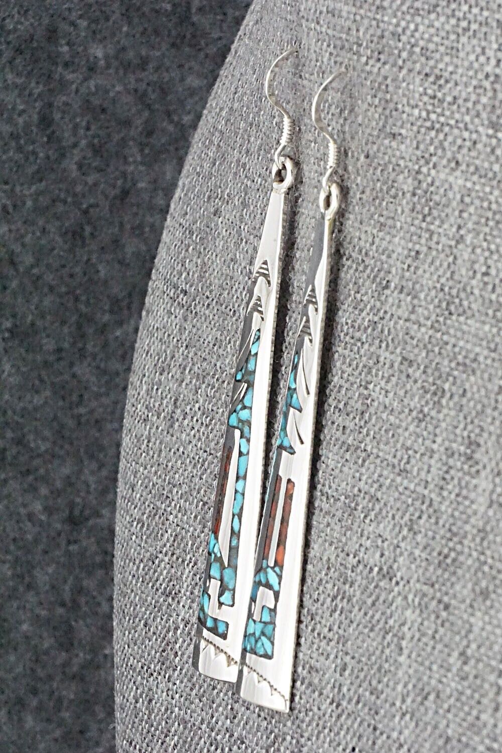 Turquoise, Coral & Sterling Silver Earrings - Jolene Yazzie