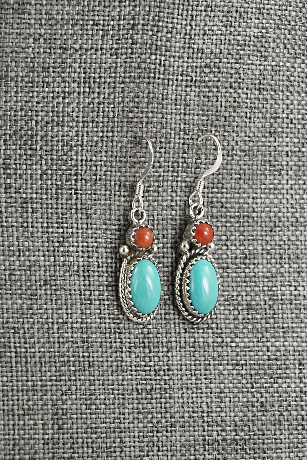 Turquoise, Coral & Sterling Silver Earrings - Verley Betone