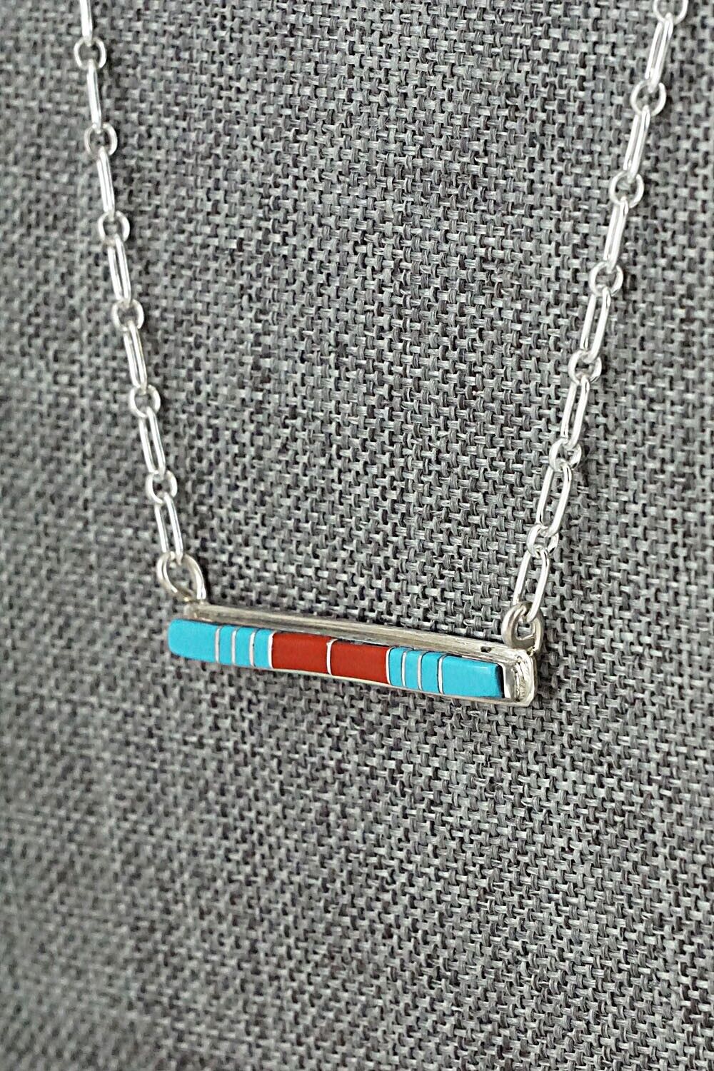 Turquoise, Coral & Sterling Silver Inlay Necklace - Roland Natachu