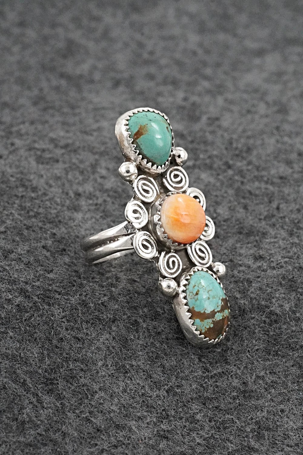 Turquoise, Spiny Oyster & Sterling Silver Ring - Priscilla Reeder - Size 8.5