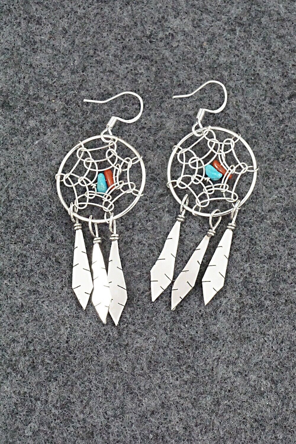 Turquoise, Coral & Sterling Silver Earrings - Lorenzo Arviso Jr.