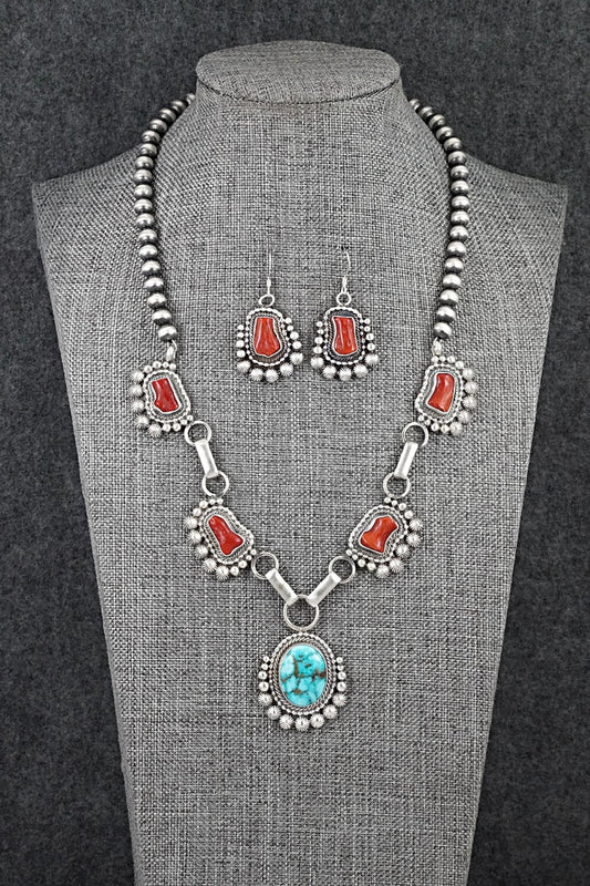 Turquoise, Coral & Sterling Silver Necklace and Earrings Set - Tom Lewis
