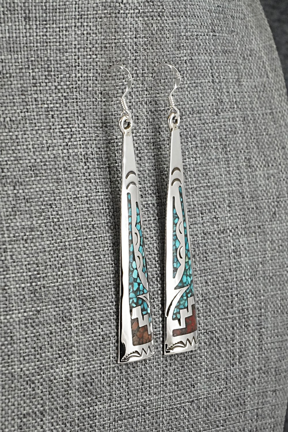 Turquoise, Coral Chip & Sterling Silver Earrings - Joleen Yazzie