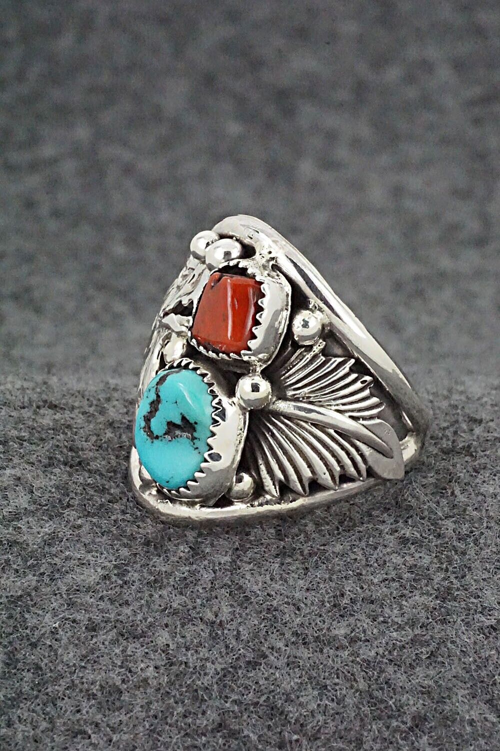 Turquoise, Coral & Sterling Silver Ring - Jeannette Saunders - Size 11.5