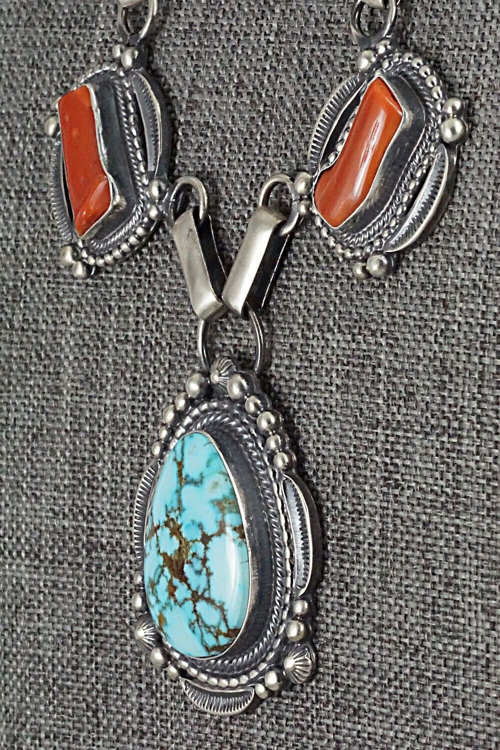 Turquoise, Coral & Sterling Silver Necklace and Earrings Set - Tom Lewis