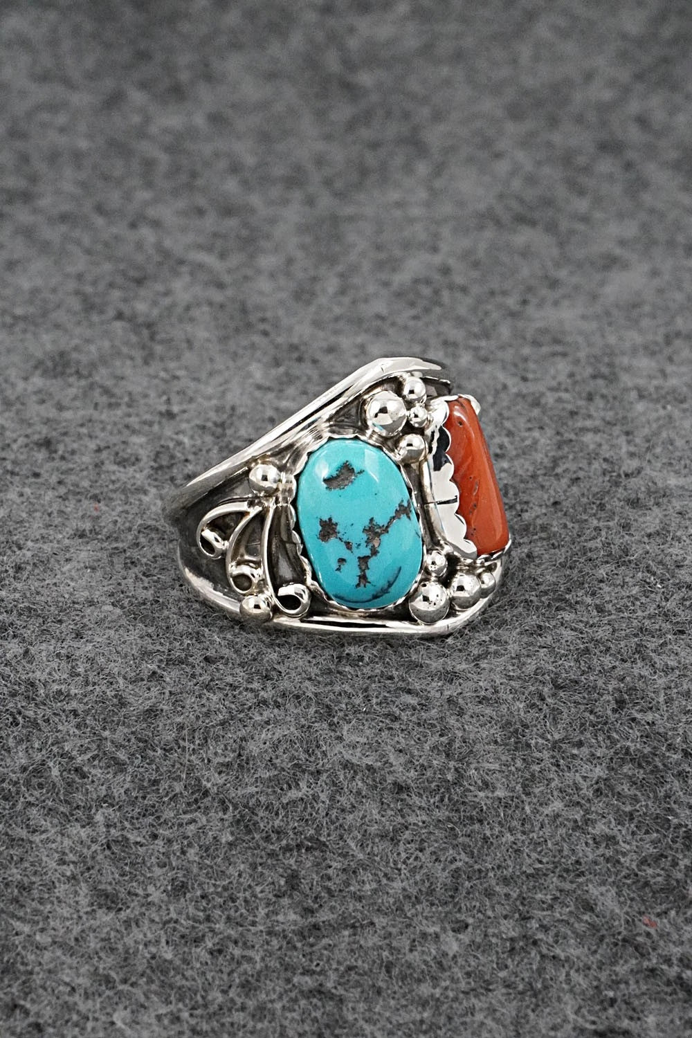 Turquoise, Coral & Sterling Silver Ring - Darrell Morgan - Size 14