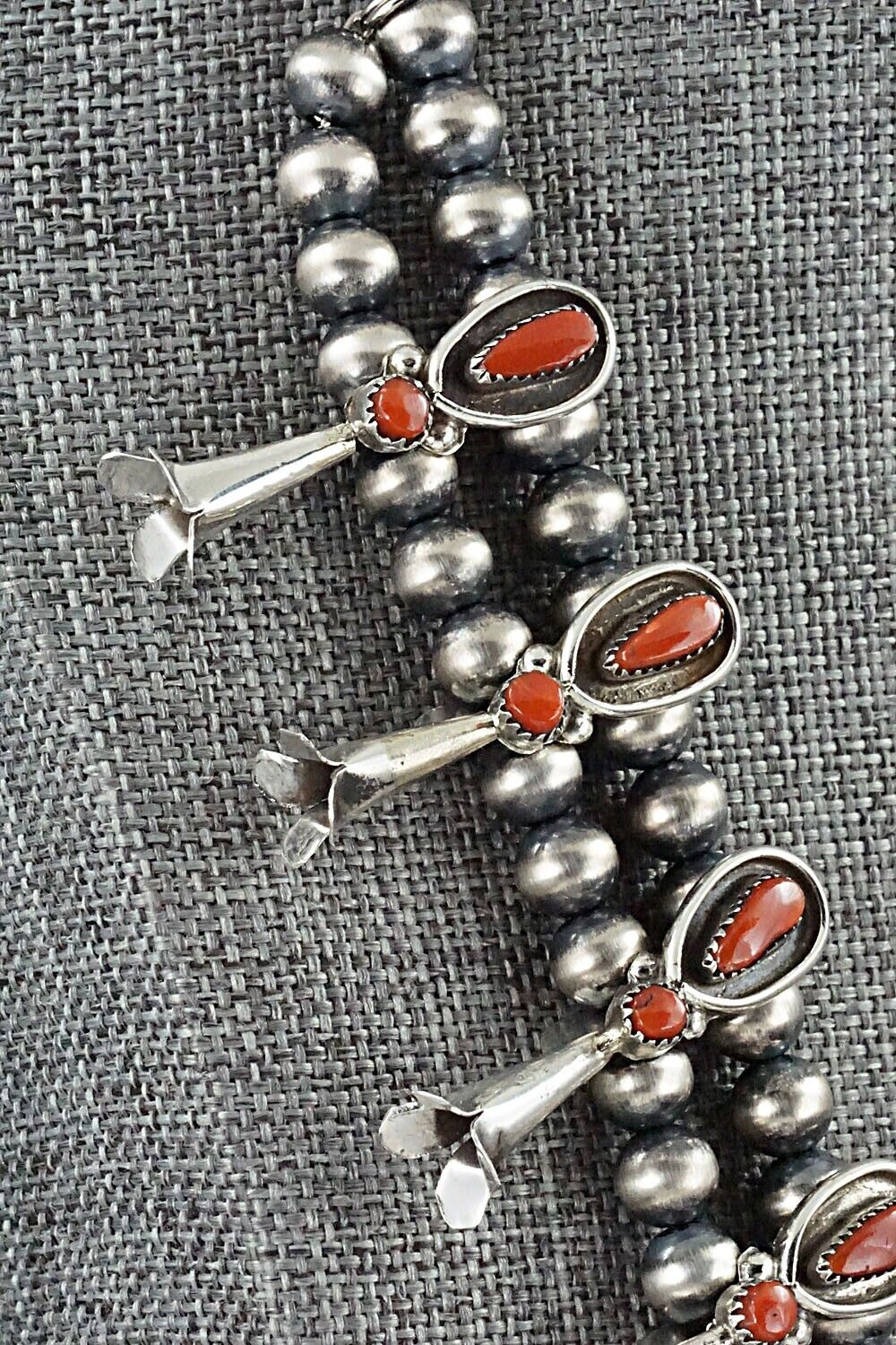 Coral & Sterling Silver Squash Blossom and Earrings Set - Vie Bobelu