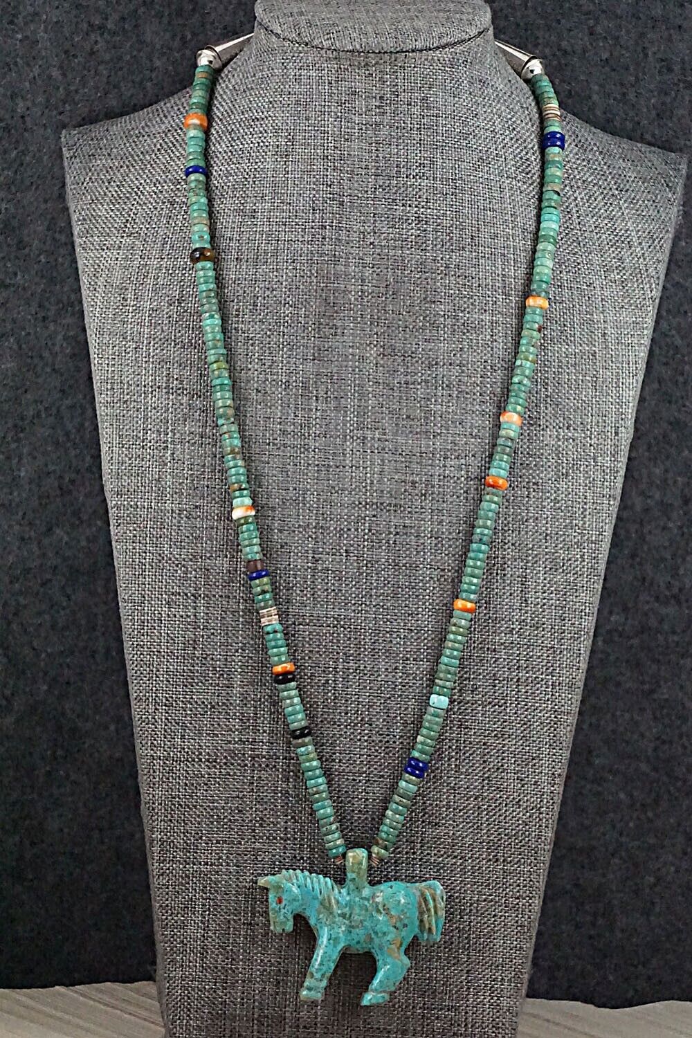 Multi Stone Horse Zuni Fetish Carving Beaded Necklace - Andres Quandelacy