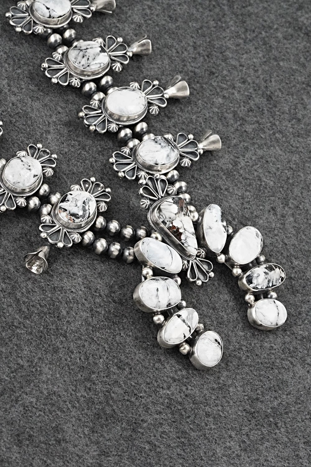 White Buffalo & Sterling Silver Squash Blossom Set - Paul Livingston