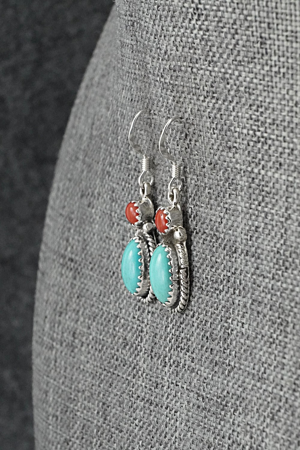 Turquoise, Coral & Sterling Silver Earrings - Verley Betone