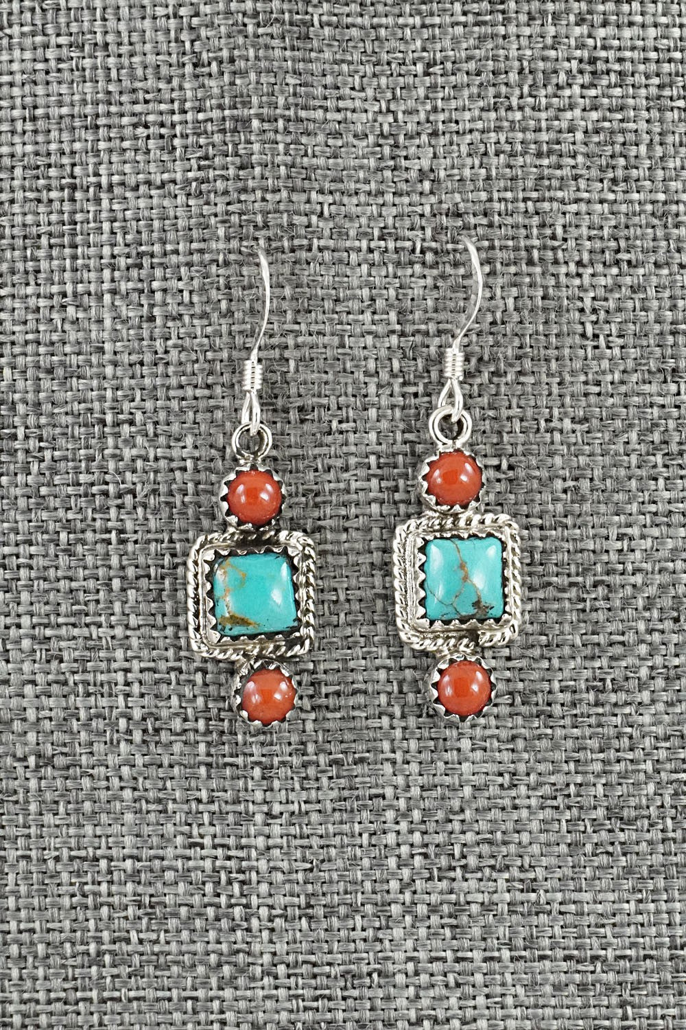 Turquoise, Coral & Sterling Silver Earrings - Gary Shorty