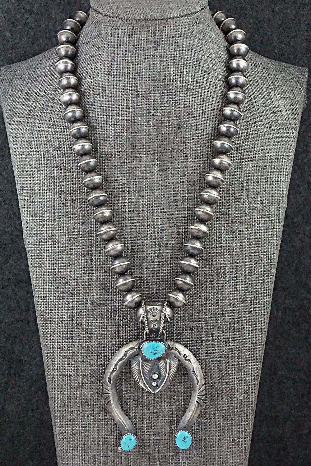 Turquoise & Sterling Silver Navajo Pearl Necklace 26" - Gilbert Martin
