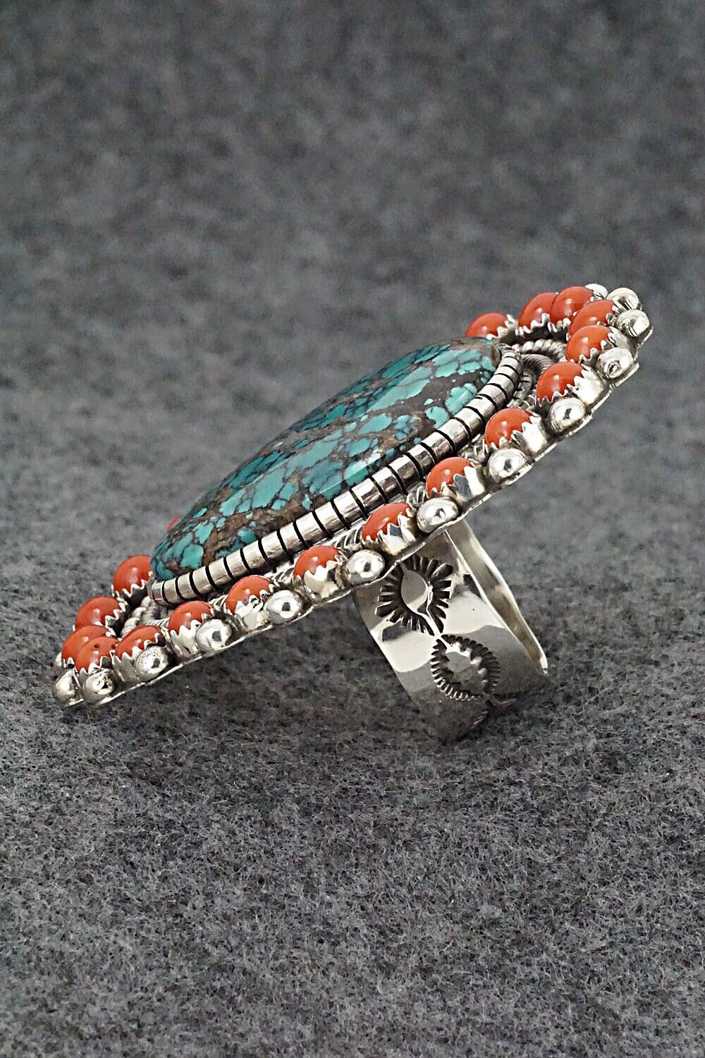 Turquoise, Coral & Sterling Silver Ring - Hemerson Brown - Size 9 Adj.