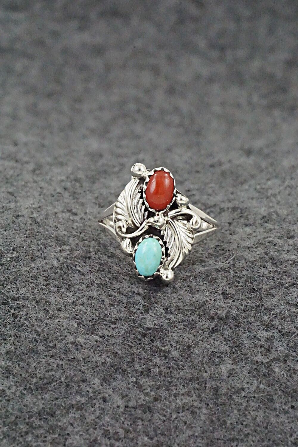 Turquoise, Coral & Sterling Silver Ring - Harris Largo - Size 6.25