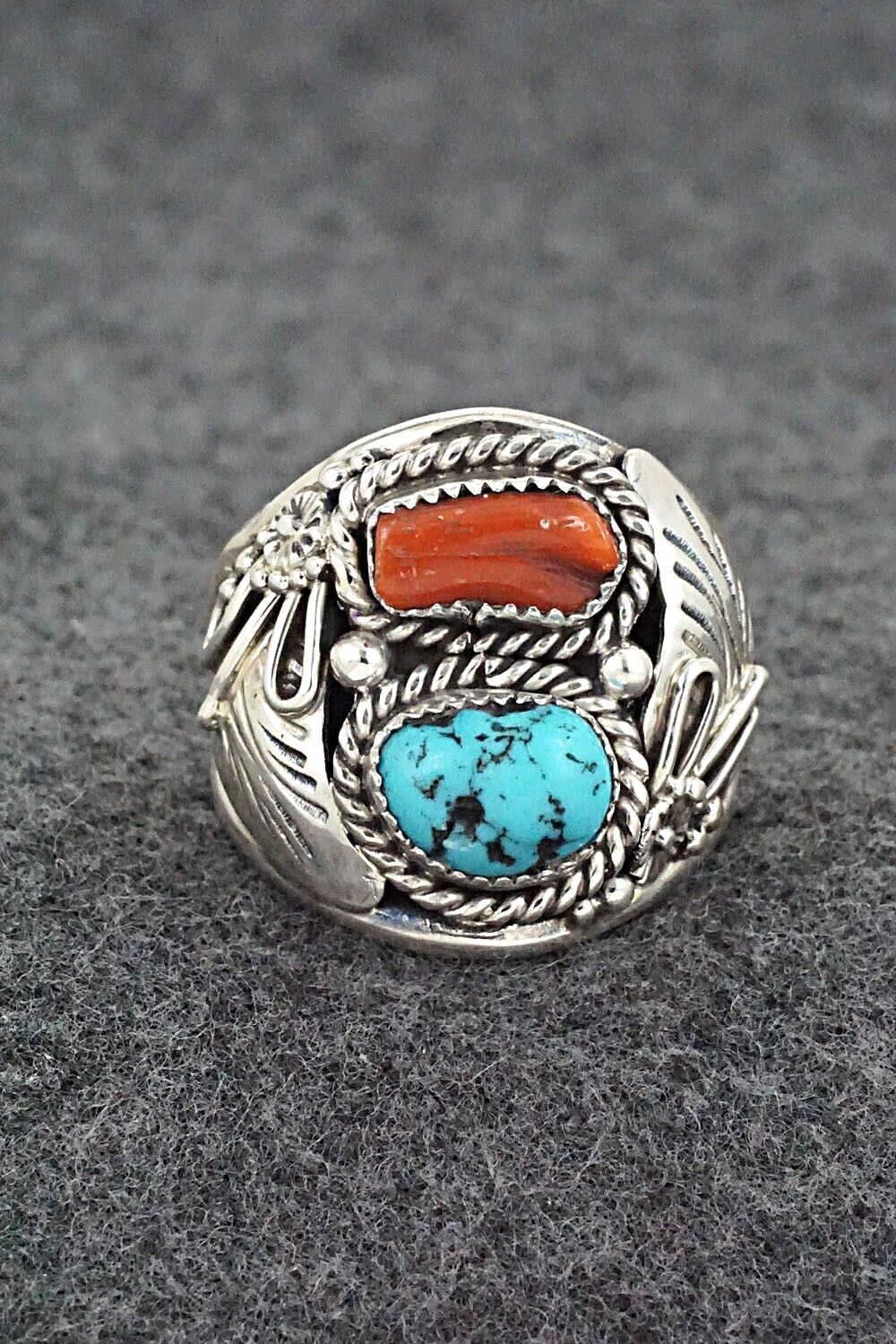 Turquoise, Coral & Sterling Silver Ring - Leonard Spencer - Size 11.75