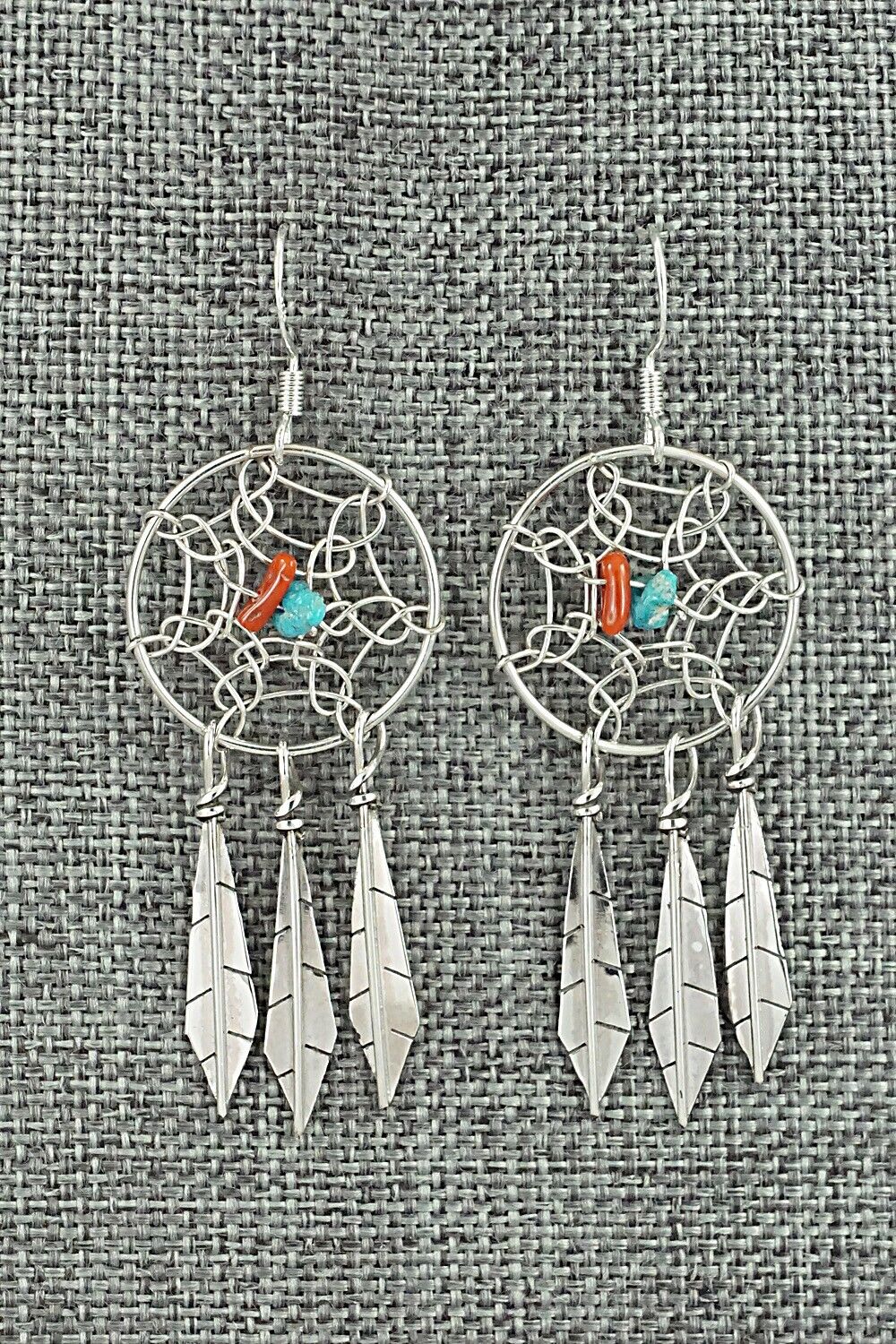 Turquoise, Coral & Sterling Silver Earrings - Lorenzo Arviso Jr.