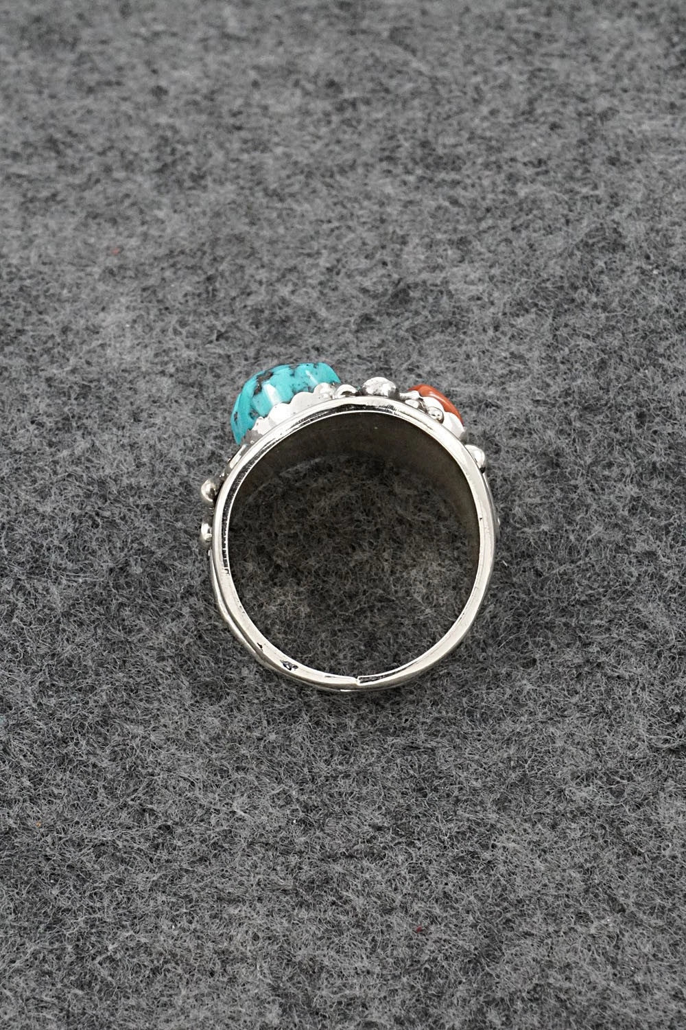 Turquoise, Coral & Sterling Silver Ring - Darrell Morgan - Size 11