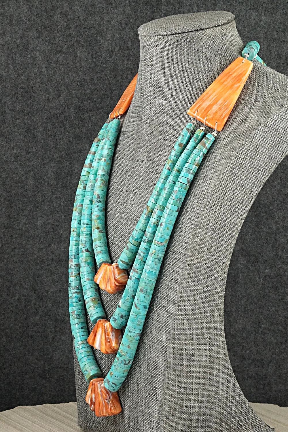 Turquoise, Spiny Oyster and Sterling Silver Necklace - Lupe Lovato