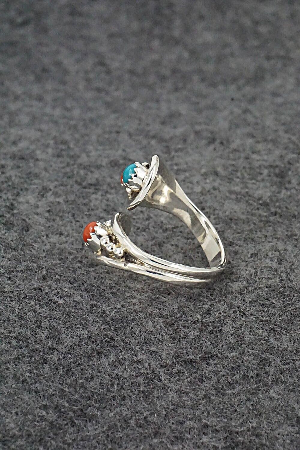 Turquoise, Coral & Sterling Silver Ring - Genevieve Francisco - Size 8