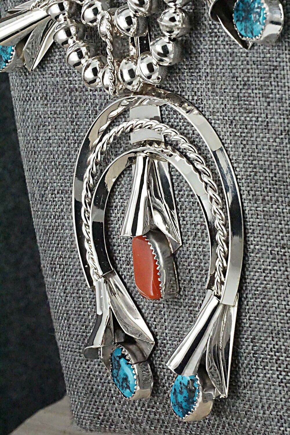 Turquoise, Coral & Sterling Silver Squash Blossom Set - Louise Yazzie