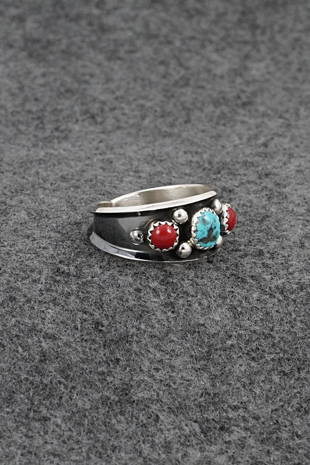 Turquoise, Coral & Sterling Silver Ring - Paul Largo - Size 11.5