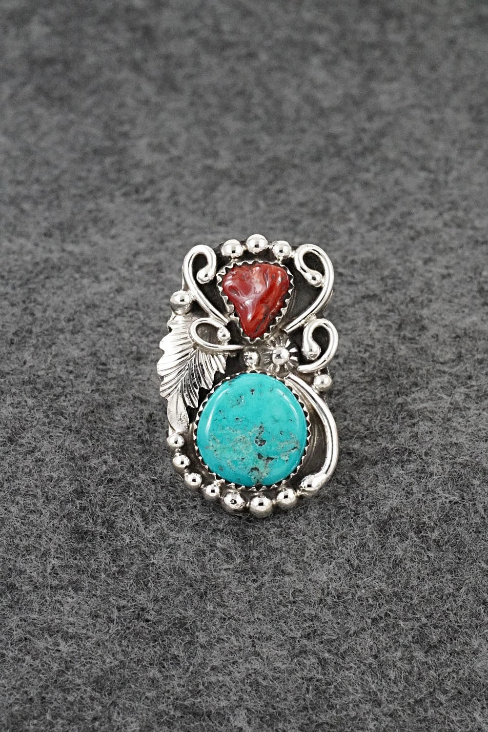 Turquoise, Coral & Sterling Silver Ring - Herbert Begaye - Size 7