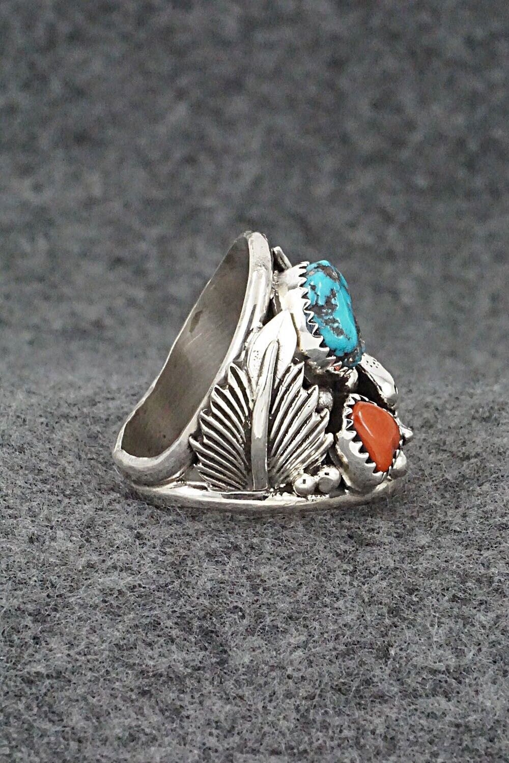 Turquoise, Coral & Sterling Silver Ring - Jeannette Saunders - Size 9.75