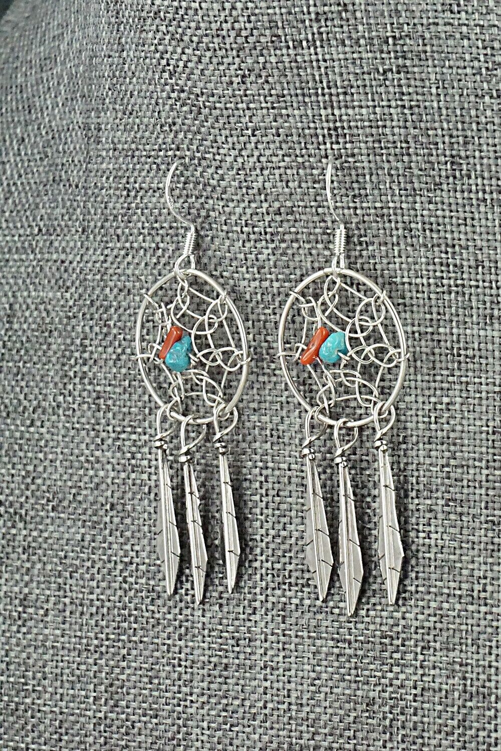 Turquoise, Coral & Sterling Silver Earrings - Lorenzo Arviso Jr.