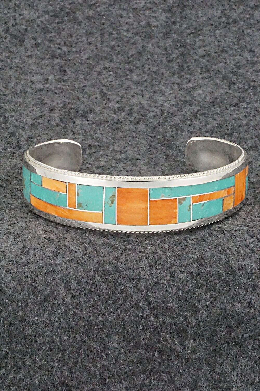 Turquoise, Spiny Oyster & Sterling Silver Inlay Bracelet - Glendora Booqua