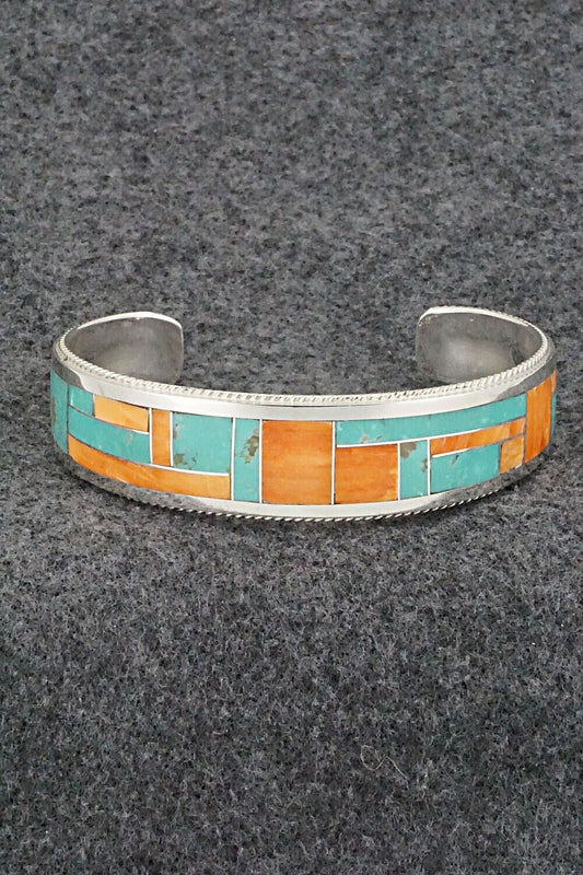 Turquoise, Spiny Oyster & Sterling Silver Inlay Bracelet - Glendora Booqua