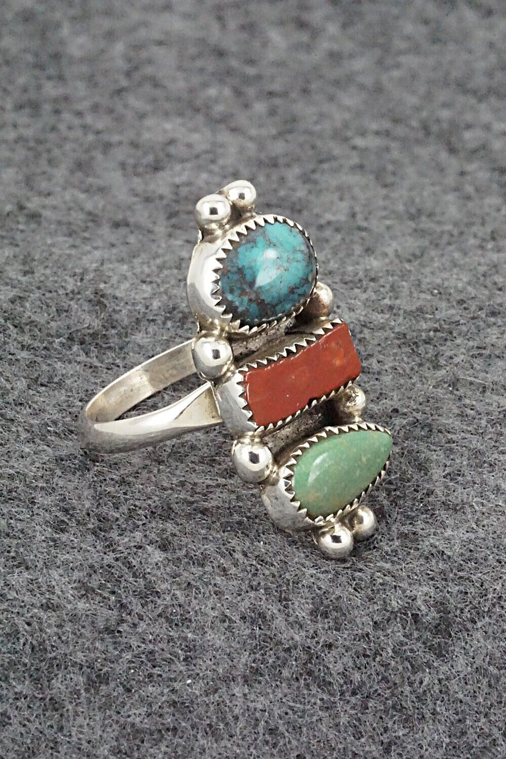 Turquoise, Coral & Sterling Silver Ring - Priscilla Reeder - Size 7.5