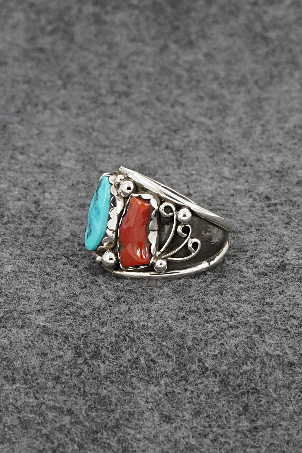Turquoise, Coral & Sterling Silver Ring - Darrell Morgan - Size 13