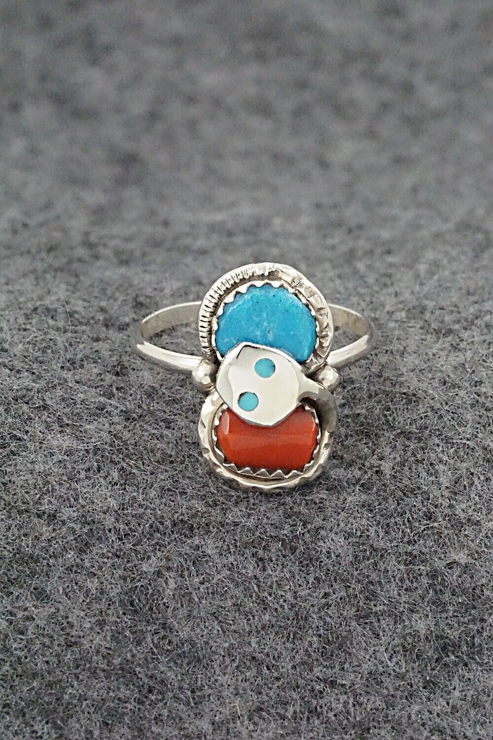Turquoise, Coral & Sterling Silver Ring - Joy Calavaza - Size 8