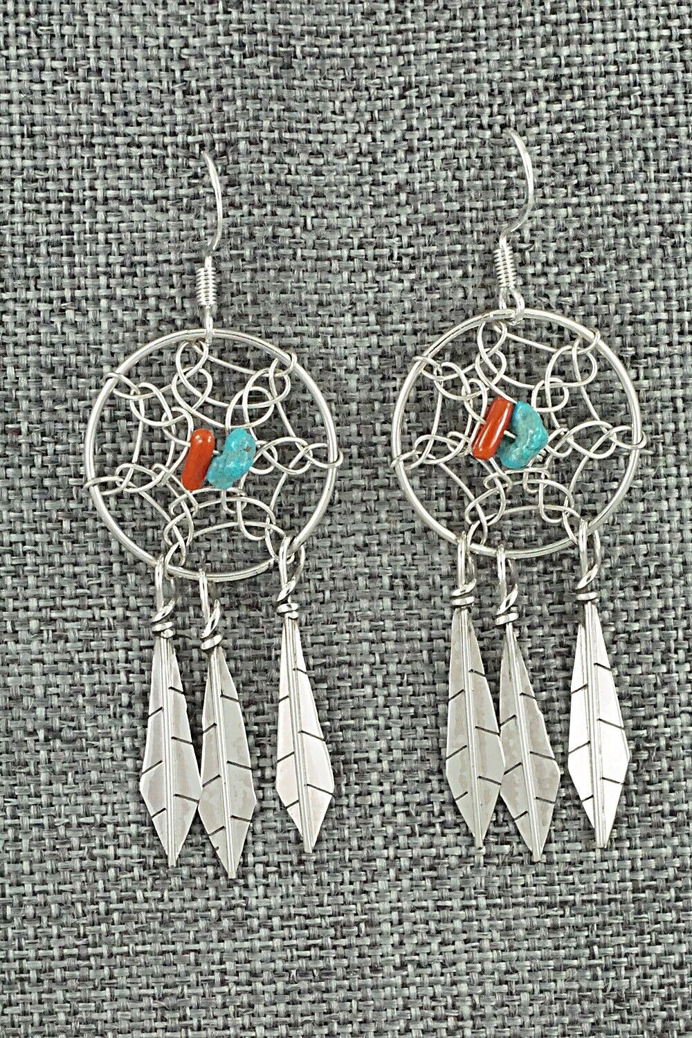 Turquoise, Coral & Sterling Silver Earrings - Lorenzo Arviso Jr.