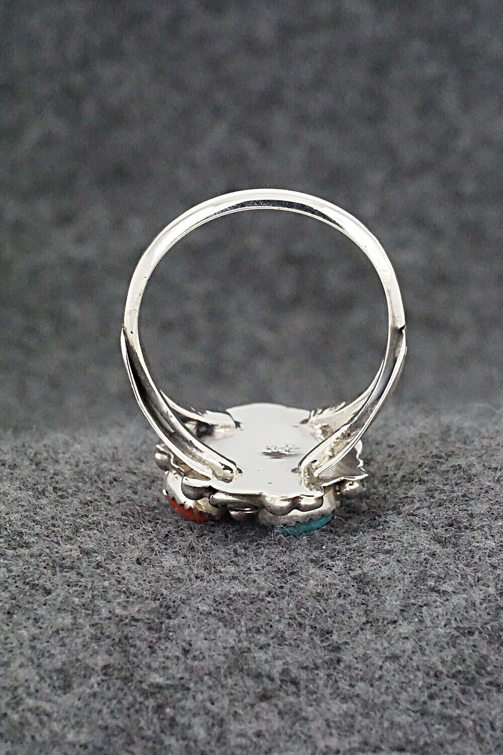 Turquoise, Coral & Sterling Silver Ring - Jeannette Saunders - Size 14