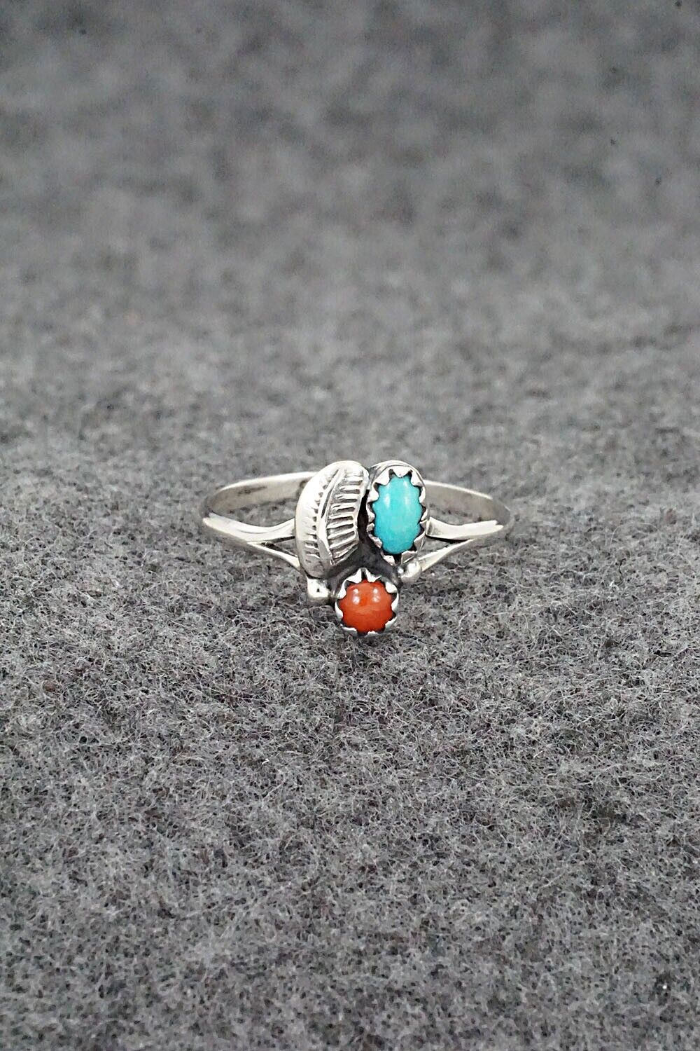 Turquoise, Coral & Sterling Silver Ring - Betty Hawthorne - Size 7