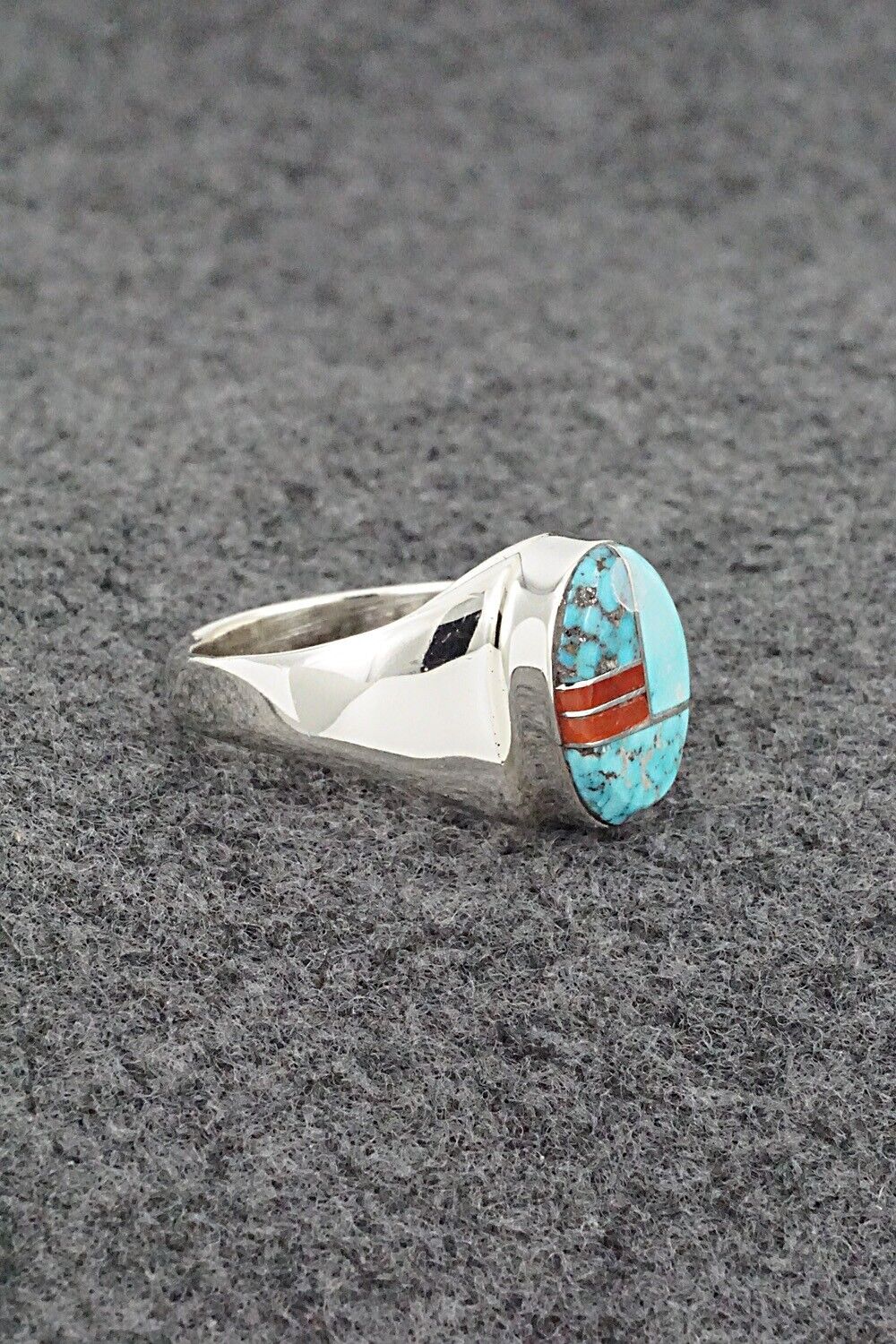 Turquoise, Coral & Sterling Silver Ring - Patrick Lincoln - Size 9.5