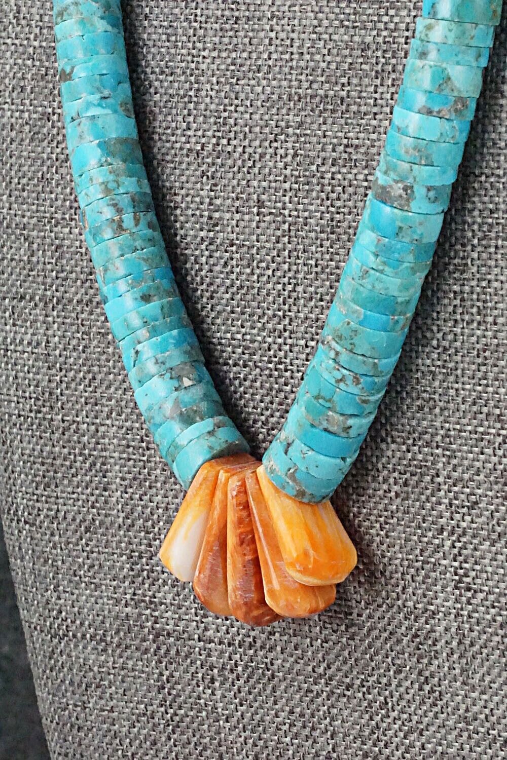 Turquoise, Spiny Oyster and Sterling Silver Necklace - Lupe Lovato