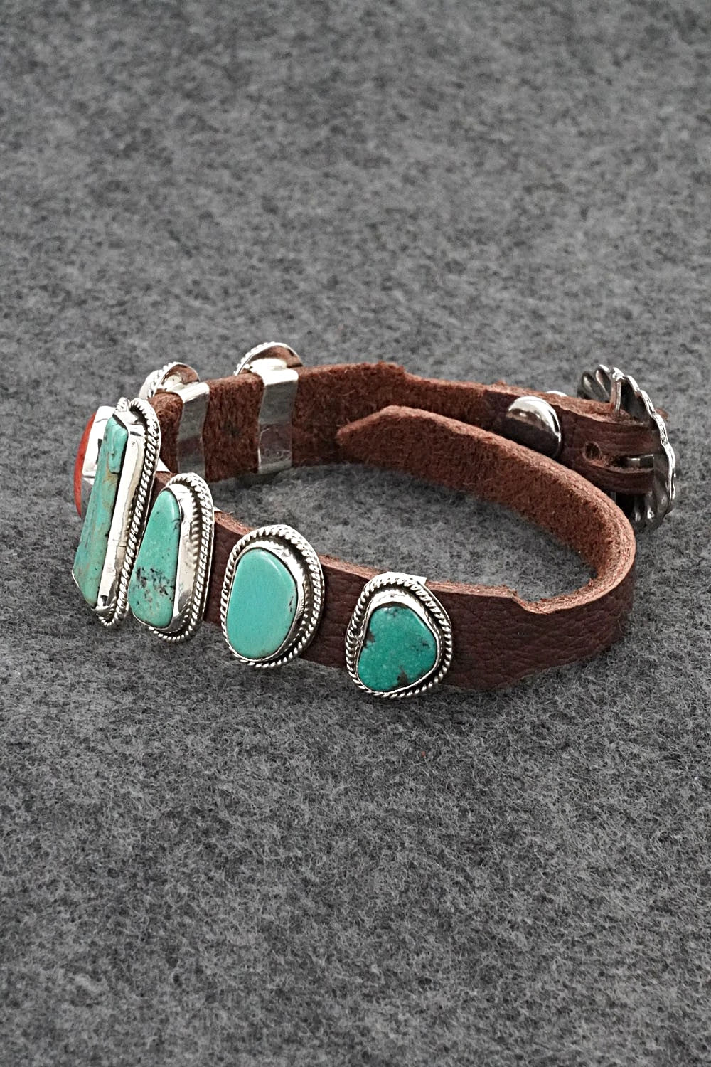 Turquoise, Spiny Oyster, Sterling Silver & Leather Bracelet - Marlene Ramone