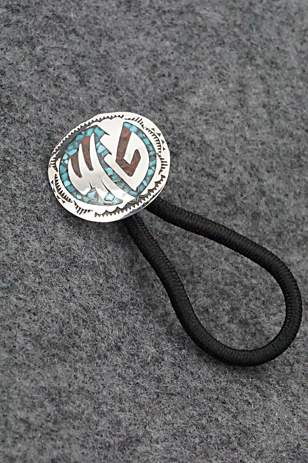 Turquoise, Coral Chip Inlay & Sterling Silver Hair Tie - Joleen Yazzie