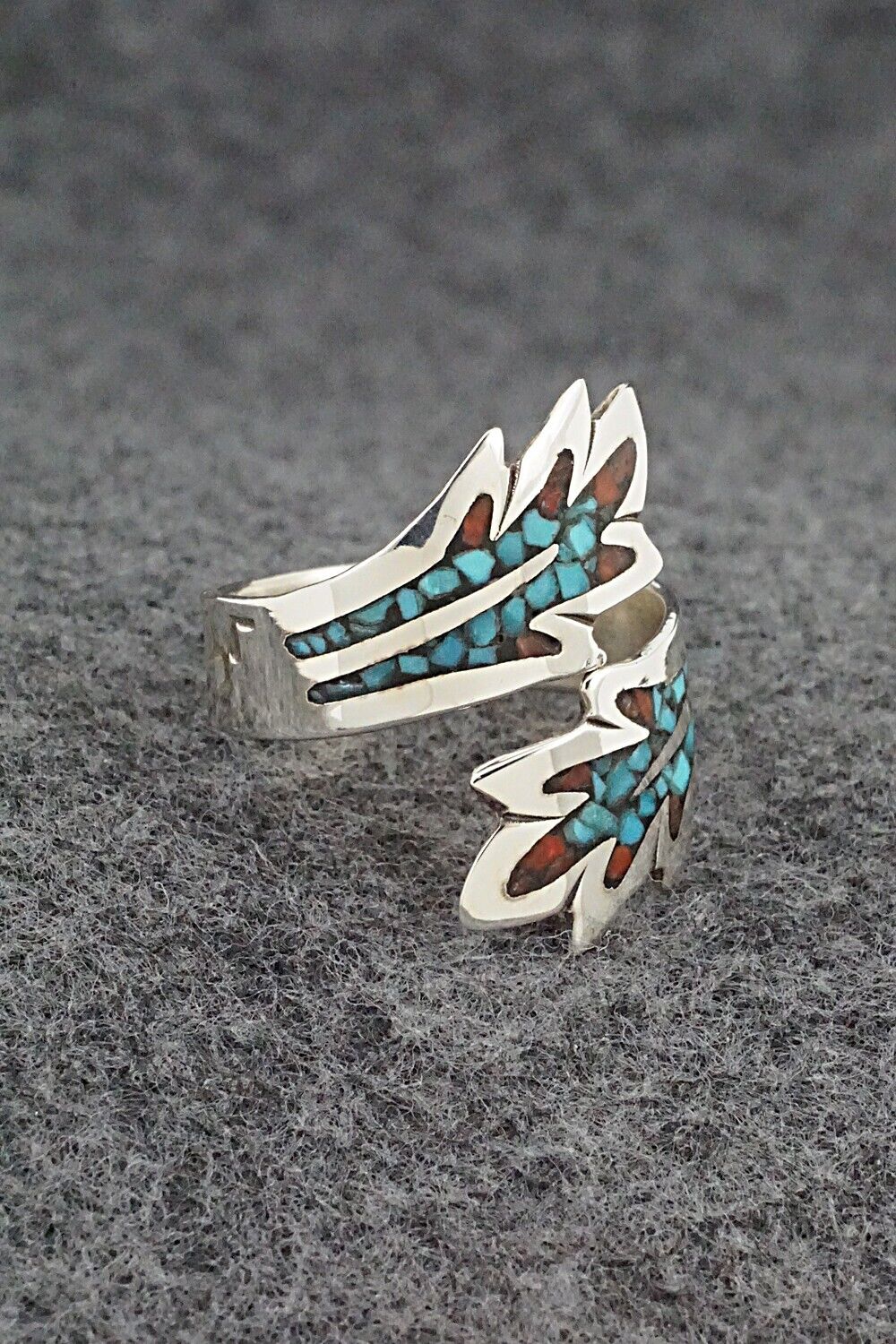 Turquoise, Coral & Sterling Silver Ring - Jolene Yazzie - Size 10