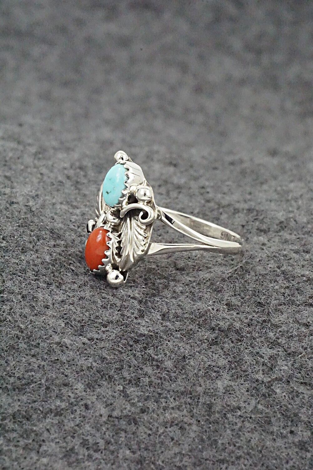 Turquoise, Coral & Sterling Silver Ring - Harris Largo - Size 6.75