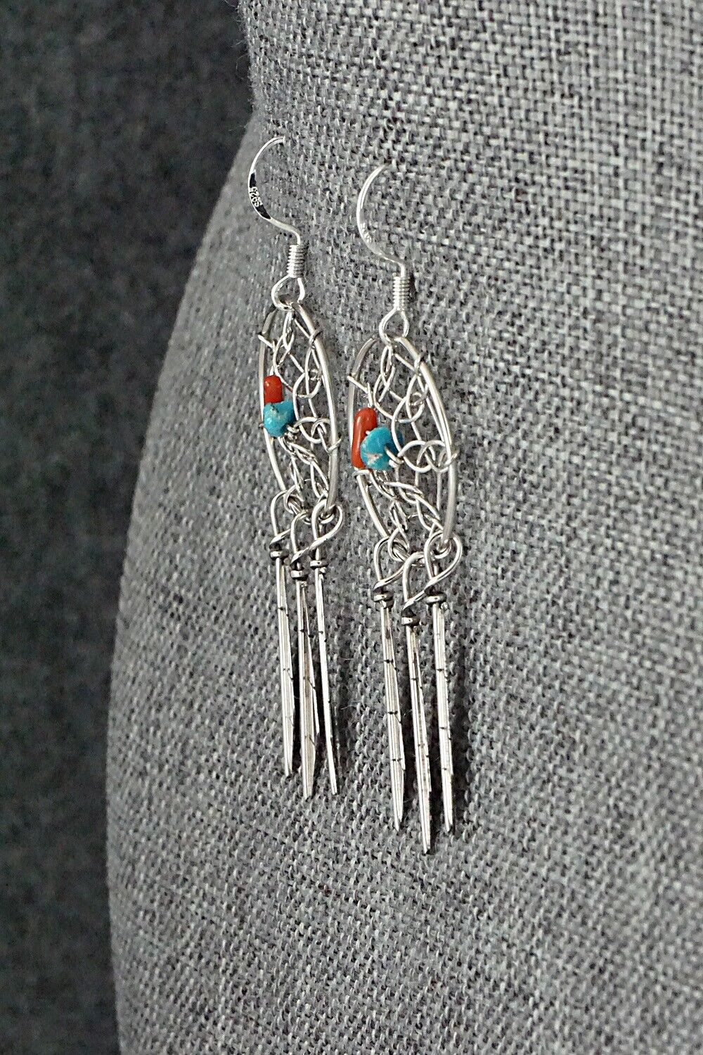 Turquoise, Coral & Sterling Silver Earrings - Lorenzo Arviso Jr.