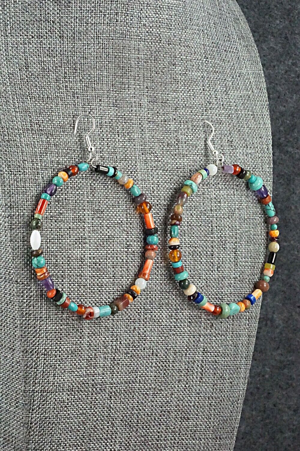Multi Stone & Sterling Silver Hoop Earrings - Helen Tsosie