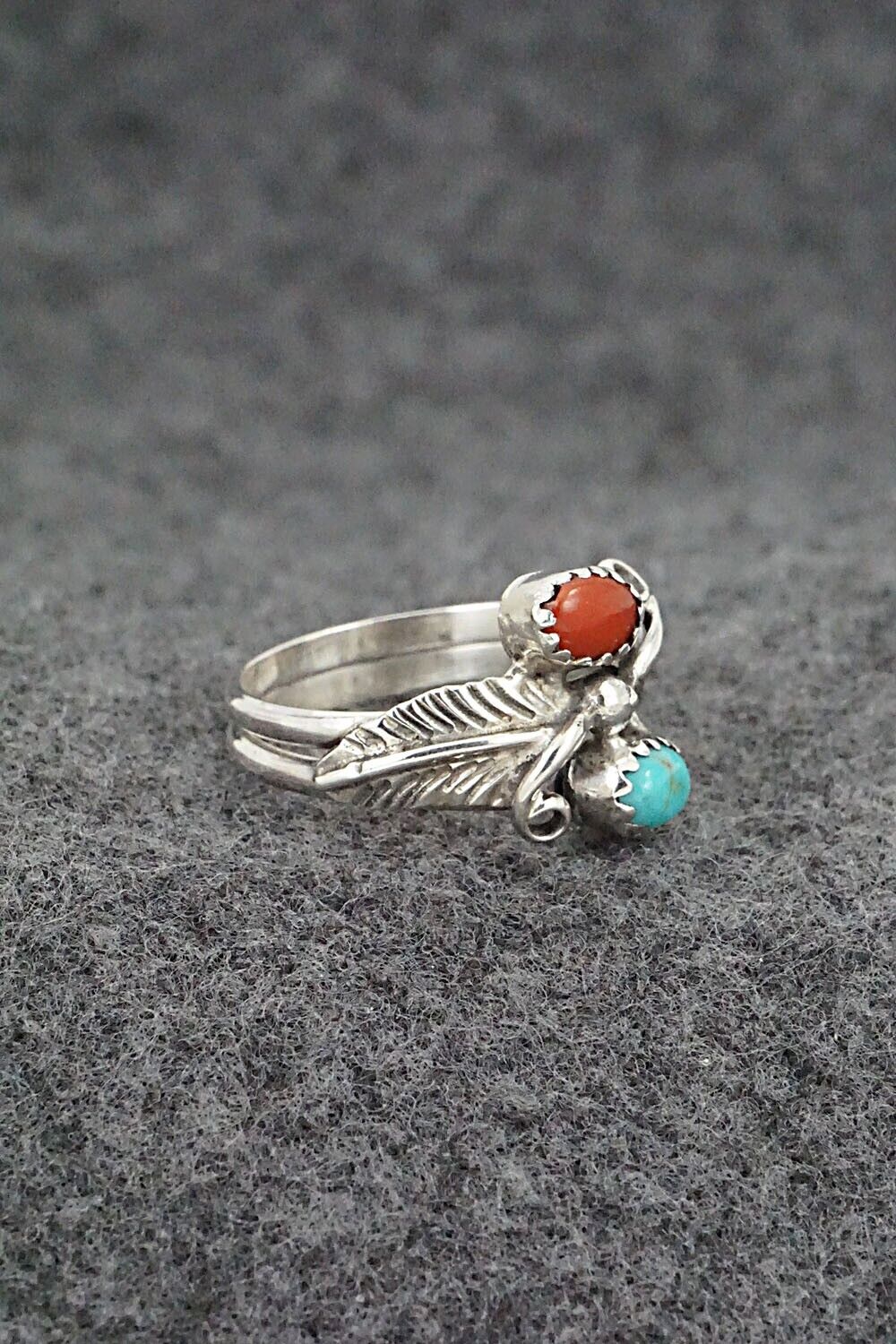 Turquoise, Coral & Sterling Silver Ring - Harry B. Yazzie - Size 6.5