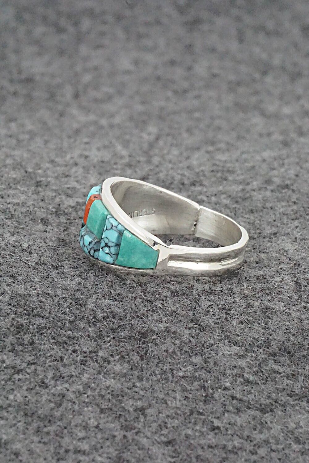 Turquoise, Coral & Sterling Silver Ring - Edison Yazzie - Size 10.5