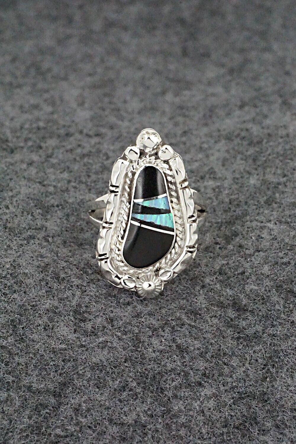 Onyx, Opalite & Sterling Silver Inlay Ring - James Manygoats - Size 7.25